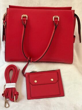 Red Structured Tote Bag Set Faux Leather Top Handle Crossbody Strap & Wallet